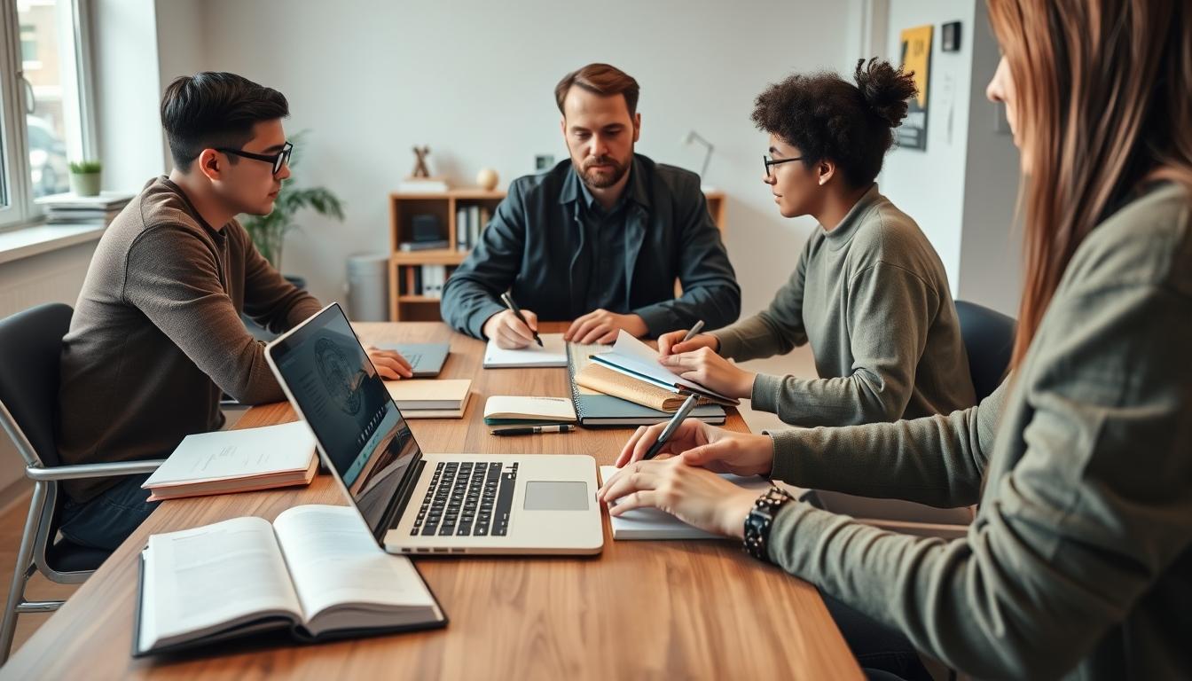 Students studying together in modern classroom